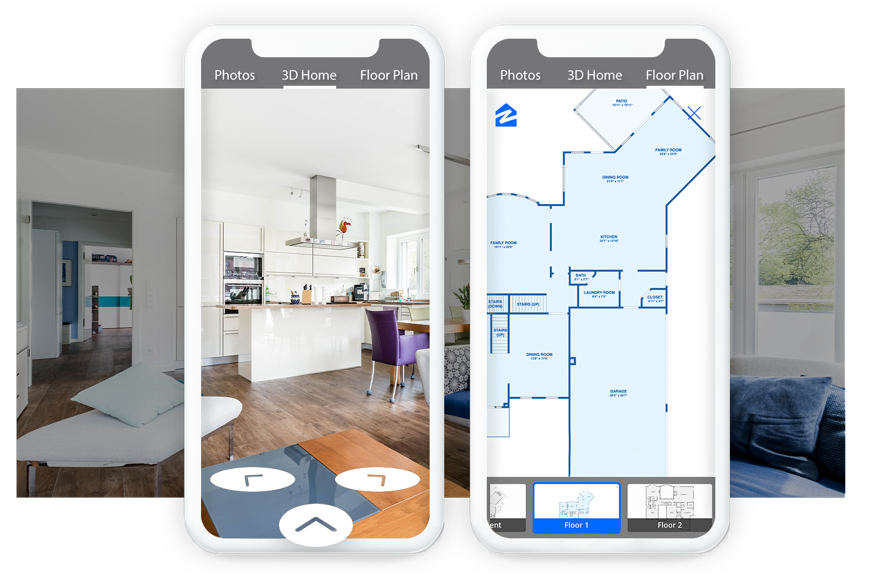 Zillow 3D Home tour and digital floor plan side by side room display